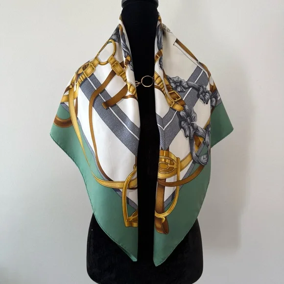 Hermes Silk Scarf with Gold Tack & Green Border - Picture 6 of 12